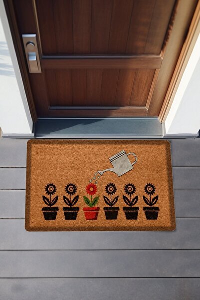 Koza Home Dekoratif Çiçek Desenli Kahverengi Kapı Önü Paspası 462701