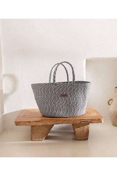 Koza Home Cesta Handmade Cotton Navy Blue Gray Straw Bag Beach Casual Decorative Bag 26x57cm