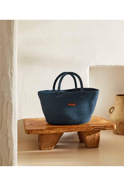 Koza Home Cesta Handmade Cotton Navy Blue Straw Bag Beach Casual Decorative Bag 26x57cm