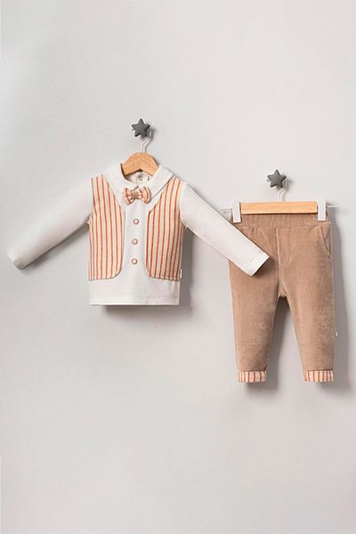 TRENDİMİZBİR Baby Boy Striped Vest Double Suit - Cream & Orange