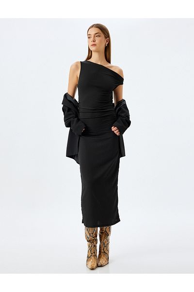 Koton Asymmetrical Off-The-Shoulder Long Pencil Dress Sleeveless Slim Fit Draped Detail