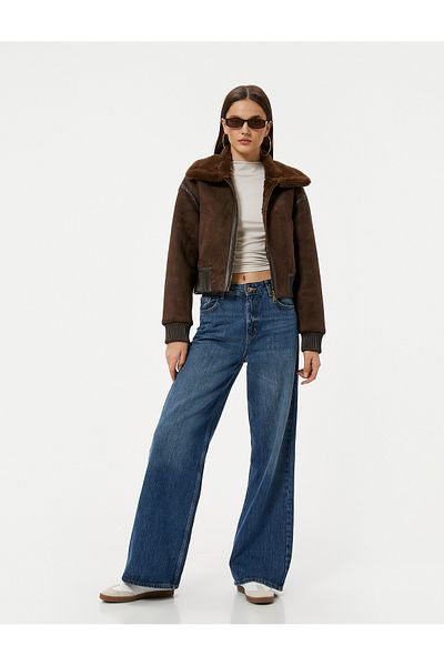 Koton Suede Faux Leather Jacket Fur Collar Short Pocket Zippered
