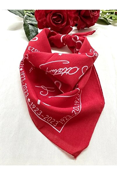 Genel Markalar Kırmızı Atatürk Silüetli Ve Imzalı Pamuk Kumaş Fular - Bandana - 23 Nisan, 29 Ekim, 19 Mayıs