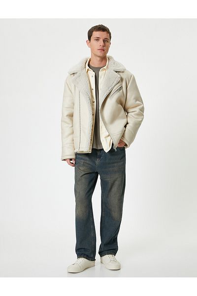 Koton Pelzige Bikerjacke im Wildleder-Look, schmale Passform