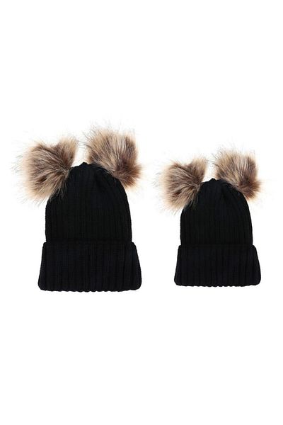 OEM Mother and child hat set with two Drool pompoms (Color: Black)