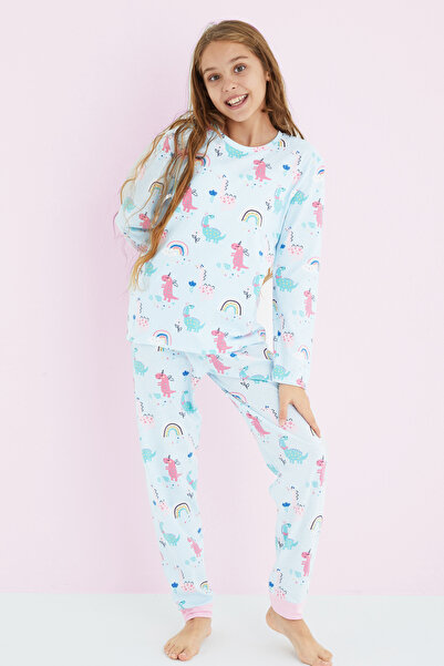 Siyah İnci Kız Çocuk Mavi Renkli Desenli Pamuklu Pijama Takım 24225703