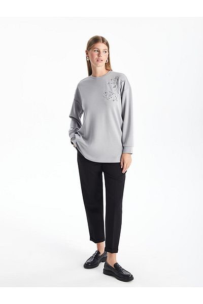 LC Waikiki Γυναικείο τουνίκ LCWAIKIKI Basic Grey Crew με κέντημα με λαιμόκοψη