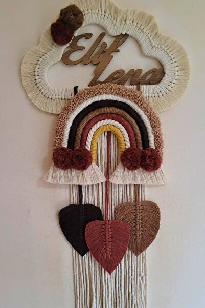 Makrome İsme Özel Bulut Gökkuşağı El Yapımı Bebek Kapı Bebek Odası Bebek Duvar Süsü (35X75)