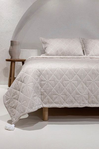 Koza Home Stella Beige Double Diamond Patterned Bedspread 230x250 2 Pillows 50x70 5029