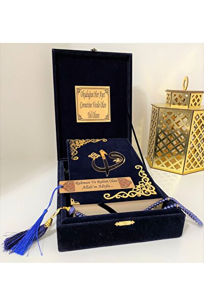 kahraman hediyelik İsimli Kadife Kutulu Kuranı Kerim Karşılıklı Mealli Orta Boy (16X24) (LACİVERT) Ayraç, Tesbih Seti