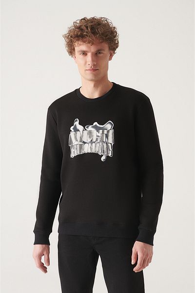 Avva Schwarzes Herren-Sweatshirt mit Rundhalsausschnitt und 3-Faden-Aufdruck A22Y1243