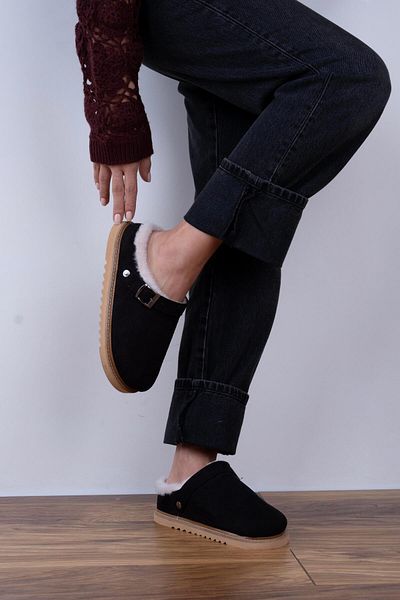 sovrana Sabo Black Suede with Fur Inside and Belt Detail