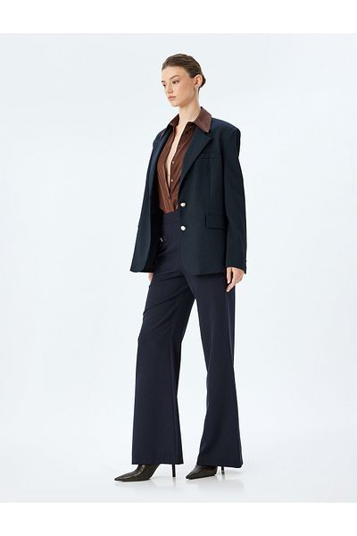 Koton Button Applique Detailed High Waist Extra Long Wide Leg Fabric Trousers