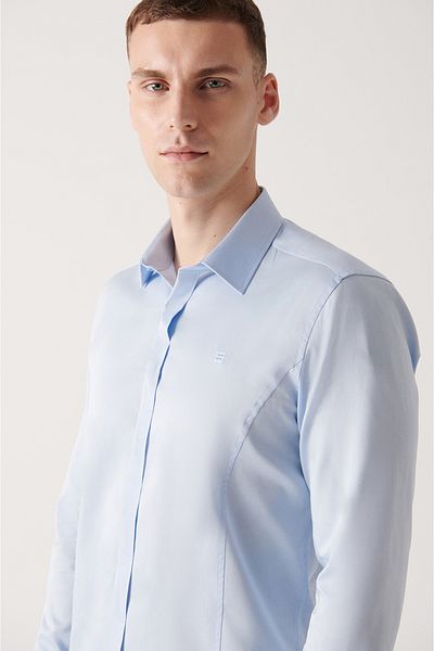 Avva Cămașă albastră pentru bărbați, 100% bumbac, din satin, cu plăcuță ascunsă E 002209