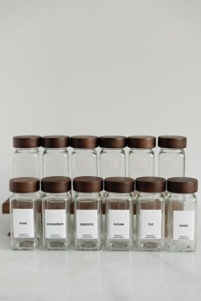 Dekorzdükkan 12'li Akasya Kapaklı Baharatlık Seti (25 ADET ETİKET)