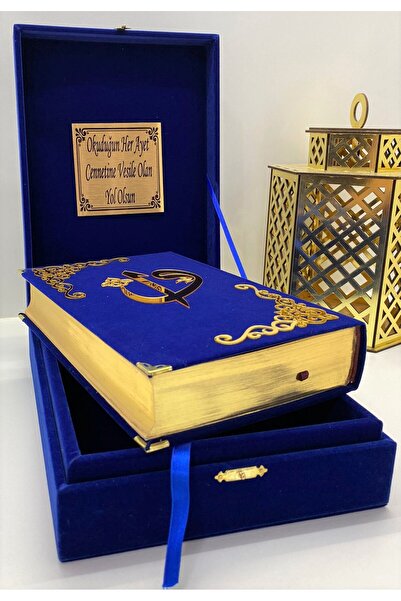 kahraman hediyelik Isimli Kadife Kuranı Kerim Karşılıklı Mealli Orta Boy Kutulu Lacivert,tesbih,ayraç Seti