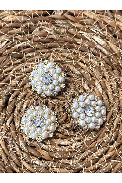 ODDA TASARIM ATÖLYESİ 2.54cm Large Size - Pearl and Crystal Covered, Special Design Pinterest Button Set 3 Pieces