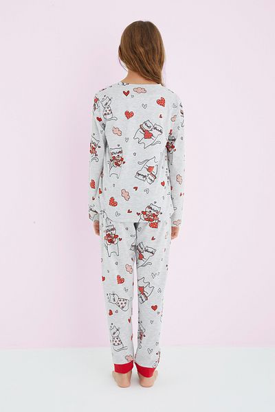 Siyah İnci Girl's Gray Colored Patterned Cotton Pajama Set 24225705