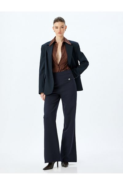 Koton Button Applique Detailed High Waist Extra Long Wide Leg Fabric Trousers