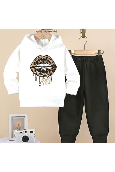BENROMA Unisex Children's Tracksuit Set - Leopard Lip Printed, Oversize Fit