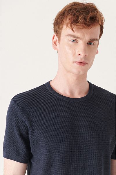 Avva Ανδρικό μπλουζάκι με ριμπ πλεκτό με υφή Navy Blue Modal Crew Neck B 005010