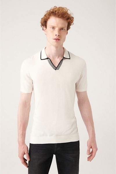 Avva Weißes, geknöpftes, geripptes Strick-T-Shirt mit Knopfleiste und Streifendetail für Herren A31y5110