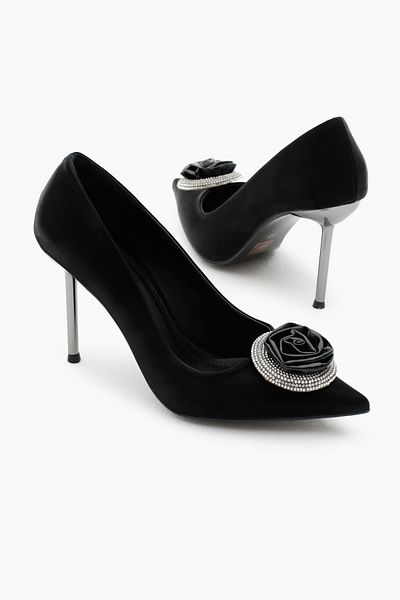 Tonny Black Pantofi cu toc înalt pentru femei, neagră Neolite, cu model de trandafiri, cu vârf ascuțit