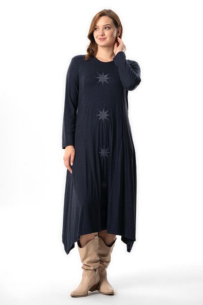 Eliş Şile Bezi Navy Blue Lcvt - Φθινοπωρινό και Χειμερινό φόρεμα με μακρυμάνικο Atlantis κεντημένο βισκόζη