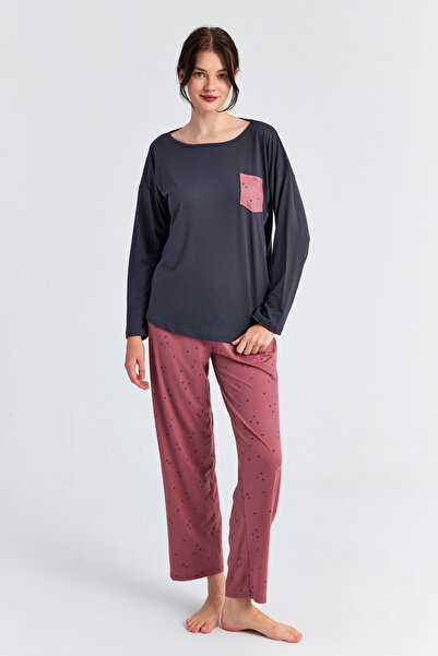 Ecrou Kadın Pudra Kalpli Cepli Uzun Kol Pantolon Pijama Takım