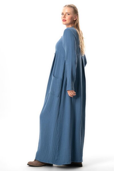 Eliş Şile Bezi Heaven Judge Collar and Button Detailed Long Sleeve Double Muslin Ferace - Autumn and Winter Pocket, Indigo