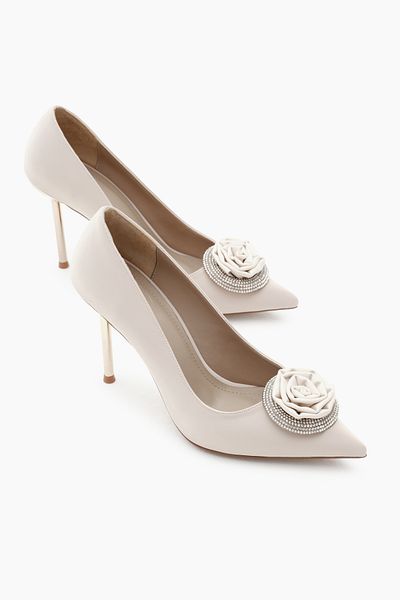 Tonny Black Women's Beige Neolit Sole Front Rose Patterned Rhinestone Pointed Toe High Heel Shoes