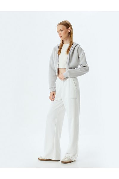 Koton Hooded Zippered Crop Sweatshirt - Corset Detailed Pocket Shawl