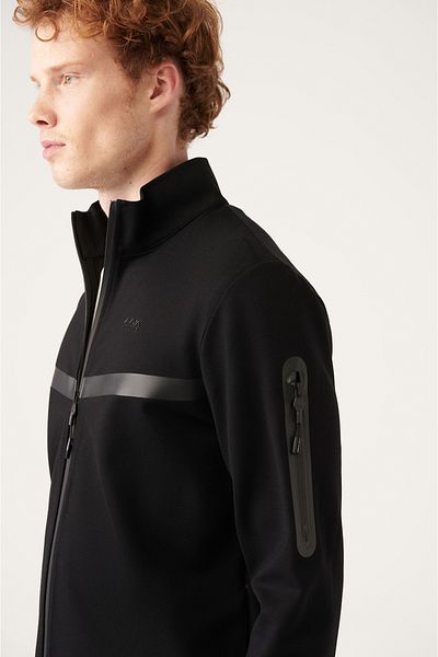 Avva Men's Black Interlock Fabric Stand Collar Printed Sweatshirt A31Y1203