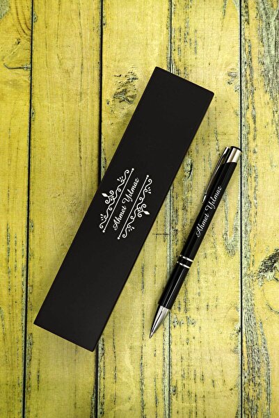 HediyeHanesi Kişiye Özel İsimli Metal Rubber Tükenmez Kalem Siyah Gümüş - Kutulu