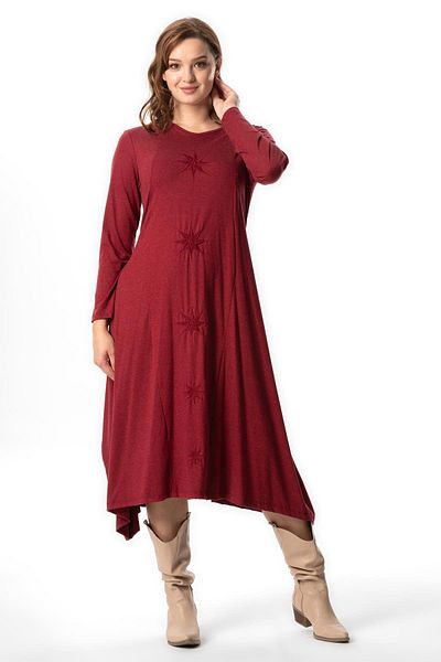 Eliş Şile Bezi Φόρεμα Atlantis Burgundy Viscose - Μακρυμάνικο, Φθινοπωρινό και Χειμερινό Κέντημα, Χτενισμένο Βαμβάκι