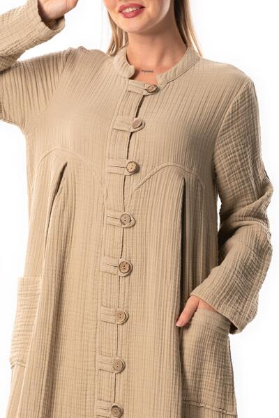 Eliş Şile Bezi Hakim Yaka Cennet Μακρυμάνικο Φεράζ από μουσελίνα - Με λεπτομέρεια με κουμπιά και τσέπες, για το φθινόπωρο και το χειμώνα, Vizon Vzn