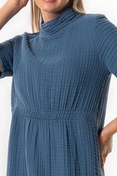 Eliş Şile Bezi Indigo Midi Length Double Muslin Dress - Short Sleeve and Half Neck, Elastic Autumn and Winter