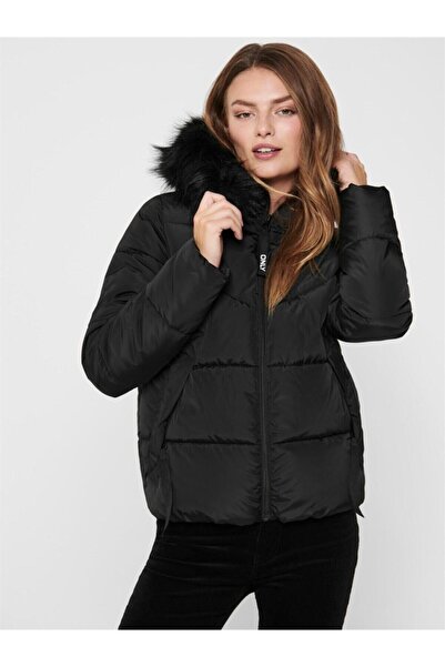 ONLY Onlmonica Short Puffer Kadın Mont 15205638 -Siyah Kürklü Kapüşonlu