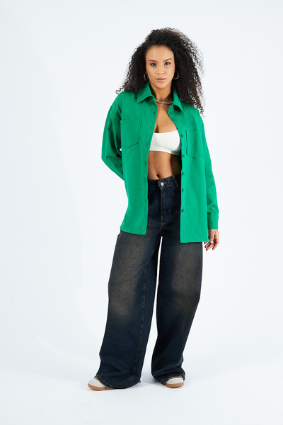 nikka Kadın Yeşil Cepli Oversize Gabardin Gömlek Ceket