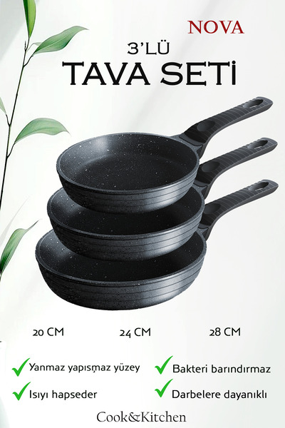 COOK KİTCHEN 3-Piece Pan Set 20 24 28 cm Granite Casting