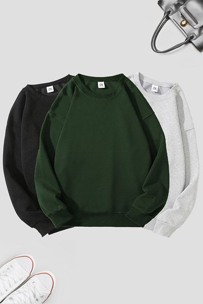 COMBİNE MİCHAİL Unisex 3-Piece Black Dark Green Grimelange Crew Neck Oversize Sweatshirt Pack
