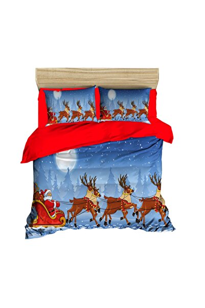 Fabeteks New Year Santa Claus Deers and Forest Scenery Digital Duvet Cover Set