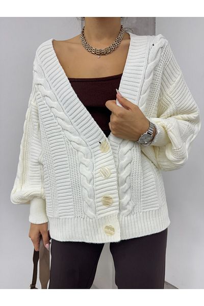 Modamorfo Ecru Araboy Cardigan - pletený vzor a detail knoflíku