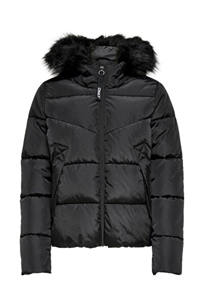 ONLY Onlmonica Short Puffer Kadın Mont 15205638 -Siyah Kürklü Kapüşonlu