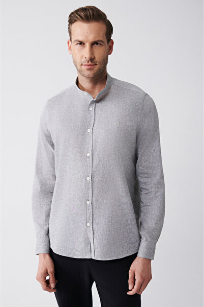 Avva Ανδρικό πουκάμισο με κολάρο ανθρακί, λινό μείγμα, κανονική εφαρμογή B002027