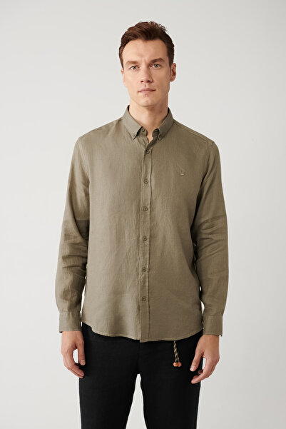 Avva Erkek Haki Düğmeli Yaka %100 Keten Comfort Fit Gömlek B002191