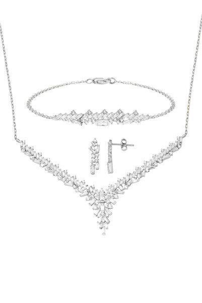 Zerince Baget Tasarım Beyaz Altın 14 Ayar Nişan Seti