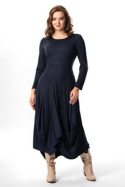 Eliş Şile Bezi Μακρύ χτενισμένο βαμβακερό φόρεμα Navy Blue Asymmetrical Cut - Μακρυμάνικο Atlas, Φθινόπωρο και Χειμώνας