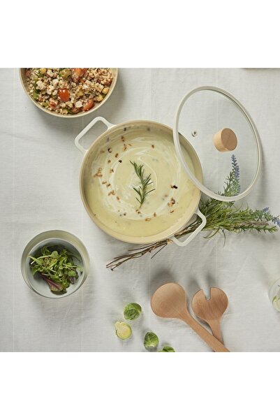 NEOFLAM ,Fika,Cooking Pot,26cm,integrated handle,Glass lid,Suitable Stovetop and Induction,Off White