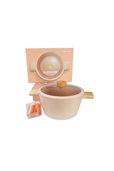 NEOFLAM ,Blossom,Cooking Pot24cm,Wood Handle&Glass Lid,Suitable for Stove Tops&Induction,Sandy Pink